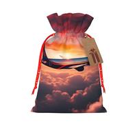 ABYchdd Airplane Sunsets Sky Print Christmas Drawstring Present Bag, Polyester Linen-Like Bag, Reusable Holiday Goodie Bag