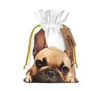ABYchdd Animal Dog French Bulldog Print Christmas Drawstring Present Bag, Polyester Linen-Like Bag, Reusable Holiday Goodie Bag
