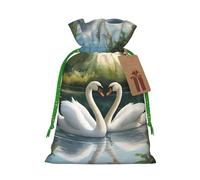 ABYchdd Beautiful White Swans On The Lake Print Christmas Drawstring Present Bag, Polyester Linen-Like Bag, Reusable Holiday Goodie Bag