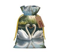 ABYchdd Beautiful White Swans On The Lake Print Christmas Drawstring Present Bag, Polyester Linen-Like Bag, Reusable Holiday Goodie Bag