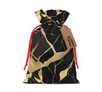 ABYchdd Black Marble Texture Gold Print Christmas Drawstring Present Bag, Polyester Linen-Like Bag, Reusable Holiday Goodie Bag