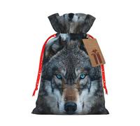 ABYchdd Blue Eyes Wolf Print Christmas Drawstring Present Bag, Polyester Linen-Like Bag, Reusable Holiday Goodie Bag