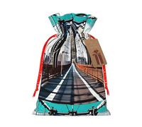ABYchdd Brooklyn Bridge Print Christmas Drawstring Present Bag, Polyester Linen-Like Bag, Reusable Holiday Goodie Bag