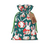 ABYchdd Bunny Rabbits Print Christmas Drawstring Present Bag, Polyester Linen-Like Bag, Reusable Holiday Goodie Bag