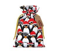 ABYchdd Christmas Penguins Print Christmas Drawstring Present Bag, Polyester Linen-Like Bag, Reusable Holiday Goodie Bag