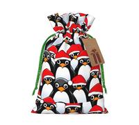 ABYchdd Christmas Penguins Print Christmas Drawstring Present Bag, Polyester Linen-Like Bag, Reusable Holiday Goodie Bag