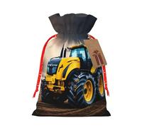 ABYchdd Company Farm Tractor Print Christmas Drawstring Present Bag, Polyester Linen-Like Bag, Reusable Holiday Goodie Bag
