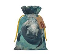 ABYchdd Crazy Save Manatee Print Christmas Drawstring Present Bag, Polyester Linen-Like Bag, Reusable Holiday Goodie Bag