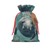 ABYchdd Crazy Save Manatee Print Christmas Drawstring Present Bag, Polyester Linen-Like Bag, Reusable Holiday Goodie Bag