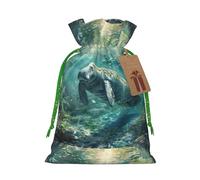 ABYchdd Crazy Save Manatee Print Christmas Drawstring Present Bag, Polyester Linen-Like Bag, Reusable Holiday Goodie Bag