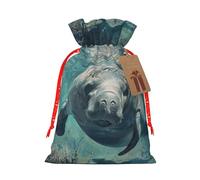 ABYchdd Crazy Save Manatee Print Christmas Drawstring Present Bag, Polyester Linen-Like Bag, Reusable Holiday Goodie Bag