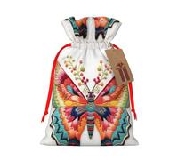 ABYchdd Embroidery Colorful Butterfly Print Christmas Drawstring Present Bag, Polyester Linen-Like Bag, Reusable Holiday Goodie Bag