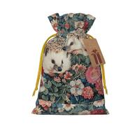 ABYchdd Floral Hedgehogs Print Christmas Drawstring Present Bag, Polyester Linen-Like Bag, Reusable Holiday Goodie Bag