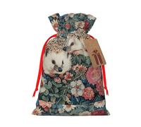 ABYchdd Floral Hedgehogs Print Christmas Drawstring Present Bag, Polyester Linen-Like Bag, Reusable Holiday Goodie Bag
