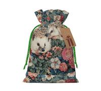 ABYchdd Floral Hedgehogs Print Christmas Drawstring Present Bag, Polyester Linen-Like Bag, Reusable Holiday Goodie Bag