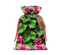 ABYchdd Floral Rose Ivy With Leaves Spring Print Christmas Drawstring Present Bag, Polyester Linen-Like Bag, Reusable Holiday Goodie Bag