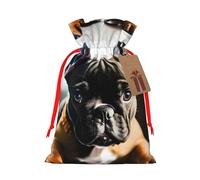 ABYchdd French Bulldog Print Christmas Drawstring Present Bag, Polyester Linen-Like Bag, Reusable Holiday Goodie Bag