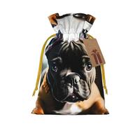 ABYchdd French Bulldog Print Christmas Drawstring Present Bag, Polyester Linen-Like Bag, Reusable Holiday Goodie Bag