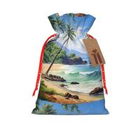 ABYchdd Hawaiian Beach With Palm Trees Print Christmas Drawstring Present Bag, Polyester Linen-Like Bag, Reusable Holiday Goodie Bag