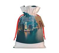 ABYchdd Hong Kong Print Christmas Drawstring Present Bag, Polyester Linen-Like Bag, Reusable Holiday Goodie Bag
