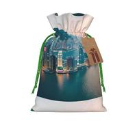 ABYchdd Hong Kong Print Christmas Drawstring Present Bag, Polyester Linen-Like Bag, Reusable Holiday Goodie Bag