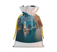 ABYchdd Hong Kong Print Christmas Drawstring Present Bag, Polyester Linen-Like Bag, Reusable Holiday Goodie Bag