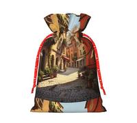 ABYchdd Italian Street Print Christmas Drawstring Present Bag, Polyester Linen-Like Bag, Reusable Holiday Goodie Bag