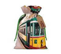 ABYchdd Lisbon Tram Pattern Print Christmas Drawstring Present Bag, Polyester Linen-Like Bag, Reusable Holiday Goodie Bag