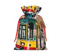 ABYchdd Lisbon Tram Print Christmas Drawstring Present Bag, Polyester Linen-Like Bag, Reusable Holiday Goodie Bag
