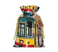 ABYchdd Lisbon Tram Print Christmas Drawstring Present Bag, Polyester Linen-Like Bag, Reusable Holiday Goodie Bag