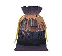 ABYchdd Los Angeles Skyline Print Christmas Drawstring Present Bag, Polyester Linen-Like Bag, Reusable Holiday Goodie Bag