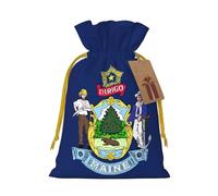ABYchdd Maine State Flag Print Christmas Drawstring Present Bag, Polyester Linen-Like Bag, Reusable Holiday Goodie Bag