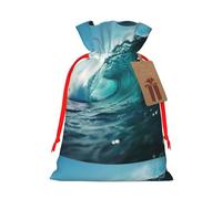 ABYchdd Ocean Green Wave Surf Print Christmas Drawstring Present Bag, Polyester Linen-Like Bag, Reusable Holiday Goodie Bag