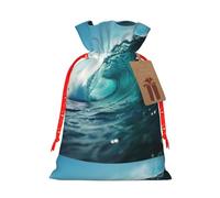 ABYchdd Ocean Green Wave Surf Print Christmas Drawstring Present Bag, Polyester Linen-Like Bag, Reusable Holiday Goodie Bag
