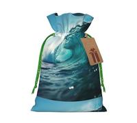 ABYchdd Ocean Green Wave Surf Print Christmas Drawstring Present Bag, Polyester Linen-Like Bag, Reusable Holiday Goodie Bag