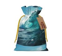 ABYchdd Ocean Green Wave Surf Print Christmas Drawstring Present Bag, Polyester Linen-Like Bag, Reusable Holiday Goodie Bag