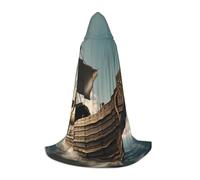 ABYchdd Old Viking Boat Print Hooded Cape, Elevate Your Festive Look, Big Hood & Bow Tie, For Halloween/Cosplay