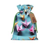 ABYchdd Origami Paper Cranes Print Christmas Drawstring Present Bag, Polyester Linen-Like Bag, Reusable Holiday Goodie Bag