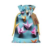 ABYchdd Origami Paper Cranes Print Christmas Drawstring Present Bag, Polyester Linen-Like Bag, Reusable Holiday Goodie Bag
