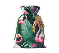 ABYchdd Palm Leaf And Flamingos Couple Print Christmas Drawstring Present Bag, Polyester Linen-Like Bag, Reusable Holiday Goodie Bag