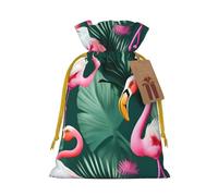 ABYchdd Palm Leaf And Flamingos Couple Print Christmas Drawstring Present Bag, Polyester Linen-Like Bag, Reusable Holiday Goodie Bag