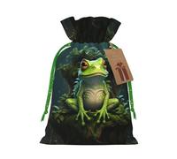 ABYchdd Peace Frog Tree Print Christmas Drawstring Present Bag, Polyester Linen-Like Bag, Reusable Holiday Goodie Bag