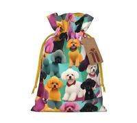 ABYchdd Poodles Dogs Print Christmas Drawstring Present Bag, Polyester Linen-Like Bag, Reusable Holiday Goodie Bag