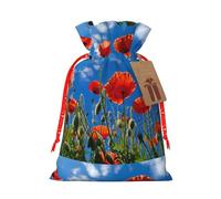 ABYchdd Poppies On Blue Sky Print Christmas Drawstring Present Bag, Polyester Linen-Like Bag, Reusable Holiday Goodie Bag