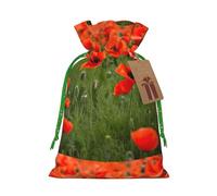 ABYchdd Poppy Flowers Petals Print Christmas Drawstring Present Bag, Polyester Linen-Like Bag, Reusable Holiday Goodie Bag