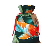ABYchdd Pretty Koi Fish Print Christmas Drawstring Present Bag, Polyester Linen-Like Bag, Reusable Holiday Goodie Bag