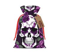 ABYchdd Purple Rose Skeleton Print Christmas Drawstring Present Bag, Polyester Linen-Like Bag, Reusable Holiday Goodie Bag