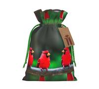 ABYchdd Red Cute Birds Print Christmas Drawstring Present Bag, Polyester Linen-Like Bag, Reusable Holiday Goodie Bag