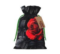 ABYchdd Red Rose And Black Leaves Print Christmas Drawstring Present Bag, Polyester Linen-Like Bag, Reusable Holiday Goodie Bag