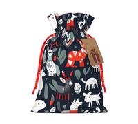 ABYchdd Scandinavian Animals Print Christmas Drawstring Present Bag, Polyester Linen-Like Bag, Reusable Holiday Goodie Bag